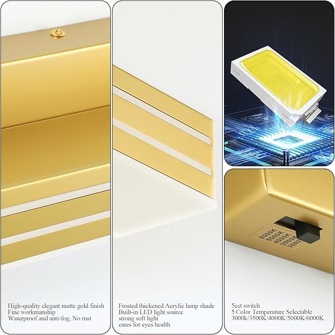 Ralbay 24inch Gold Vanity Light with 5 Color Temperature (2700K-6000K) Dimmable Acrylic Metal 24W LED Modern Matte Gold Bathroom Vanity Light Bar