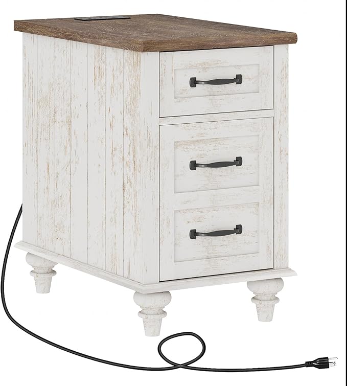 WAMPAT End Table with Charging Station, Antique White Side Table with Storage Cabinet & Drawer, Wooden Nightstand with Power Outlets & Type-C USB Ports for Bedroom, Dorm