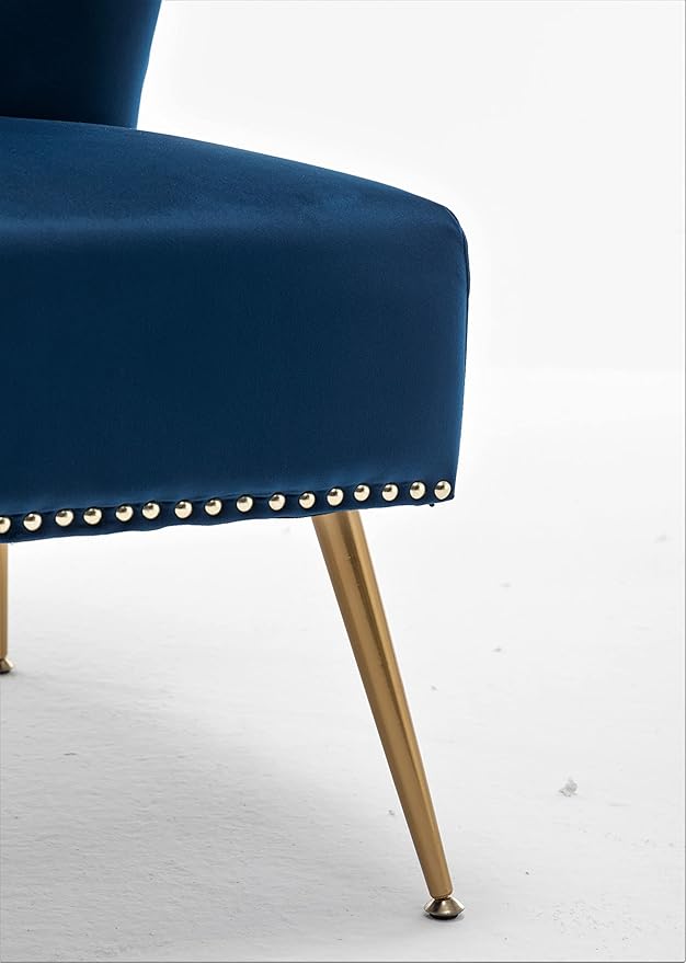 Thia Armless Velvet Accent Chair for Living Room, Elegant Seat with Nailhead Trim, Gold Metal Legs and Comfortable Curved Back, 28" D x 25" W x 29.5" H, Dark Blue