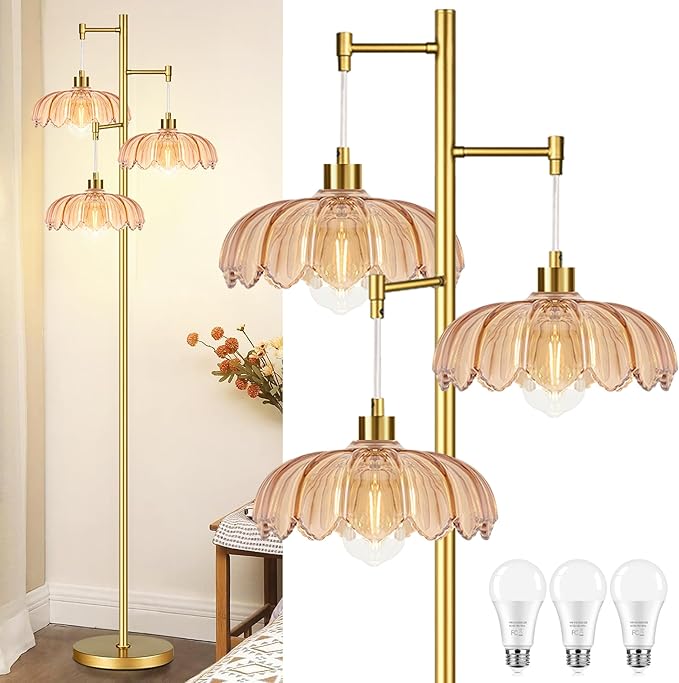 Gold Floor Lamp for Living Room Bedroom,Modern Floor Lamps with Unique Amber Glass Shades,68IN Mid Century Tall Flower Standing Lamp,Vintage 3 Lights Tree Floor Lamp for Corner Office Reading