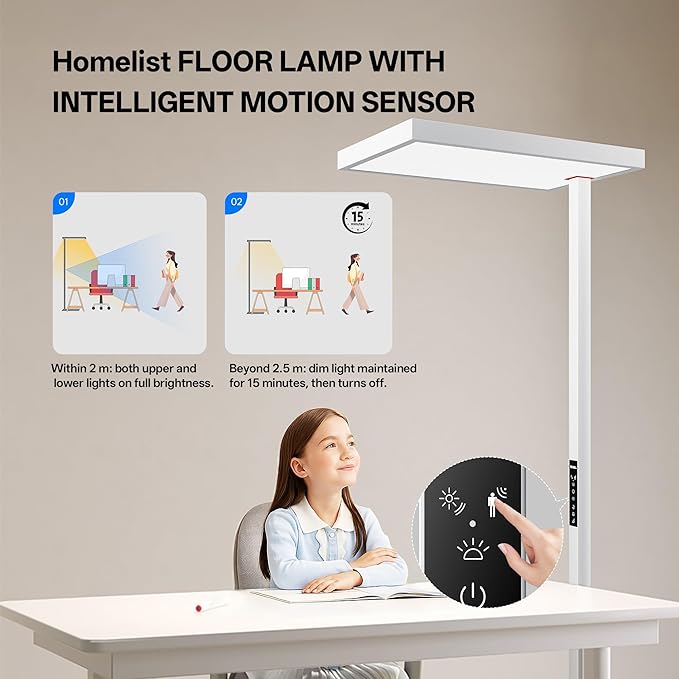 Homelist SKY1 Superlight 150W Full Spectrum Eye Protection Floor Lamp, 13000LM Ultra-Bright Standing Lamp with Motion Sensor, Auto Dimming, Touch & Remote Control, 4000K, for Homeoffice, Study Room