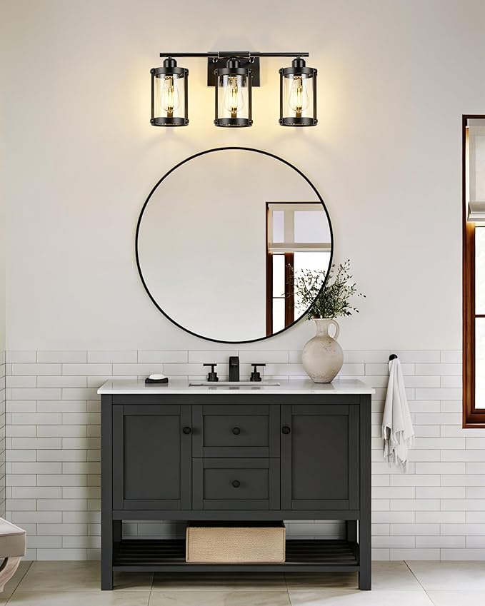 3-Light Black Bathroom Light Fixtures, 21 Inch Modern Bathroom Vanity Lighting Fixtures Over Mirror with Clear Glass and Metal Cage Wall Sconce Lights for Bath, E26, OS-3014BK-3W