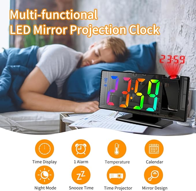 Projection Alarm Clock for Bedroom, Digital Smart Clock with 180° Rotatable Projector, 3 Level Brightness Dimmer, Clear LED Color Display, Digital Alarm Clock for Bedroom