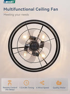 LEDIARY 20 inch Fandelier Caged Ceiling Fan with Light, Bladeless Ceiling Fan with Remote, Farmhouse Fan Lights Ceiling Fixtures for Kitchen, Bedroom, Outdoor(6 Speed, Timing)-Black