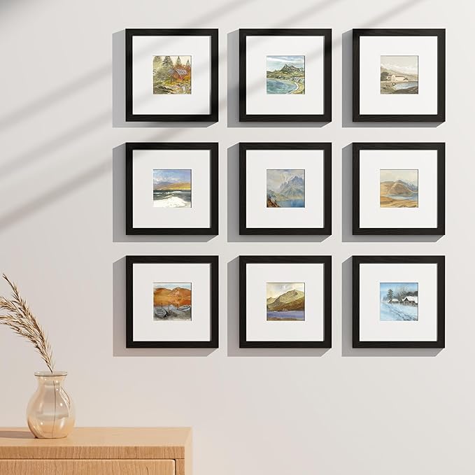 Vittanly 8x8 Picture Frames Set of 9, Shatter Resistant Plexiglass, Display 4x4 Pictures with Mat or 8x8 without Mat, Photo Frames for Wall Mount, Engineered Wood, Black