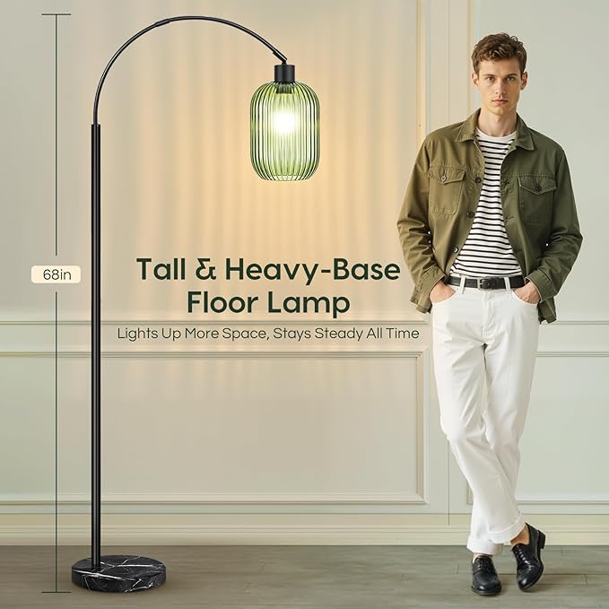 COTTHOS Glass Floor Lamp for Living Room, Modern Standing Lamp with Ribbed Glass Lampshade Marble Base, 68” Tall Lamp with Remote Control and Pedal Switch for Bedroom(6000K LED Bulb Included)