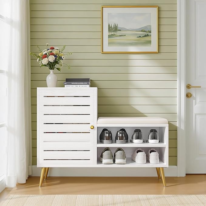 VECELO Shoe Storage Bench with Door&Shelf, Entryway Bench with Seat Cushion, for Hallway, Bedroom, Living Room, L-Shaped, White