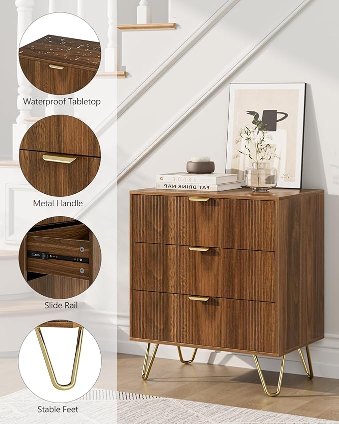 Fluted 3 Drawer Dresser for Bedroom, Modern Storage Bedroom Dresser Chest Cabinet Organizer with Anti-Tip Hardware for Living Room, Dressing Room, Kids Room, Office (Walnut)