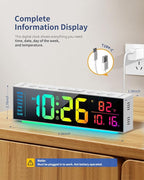 Digital Clock, Alarm Clock for Bedroom, Digital Wall Clocks for Classroom, Living Room Decor, Desk Clock Large Display, 13 Number Display Colors, 12 Ambient Light Colors, Auto Dimming, DST (White)