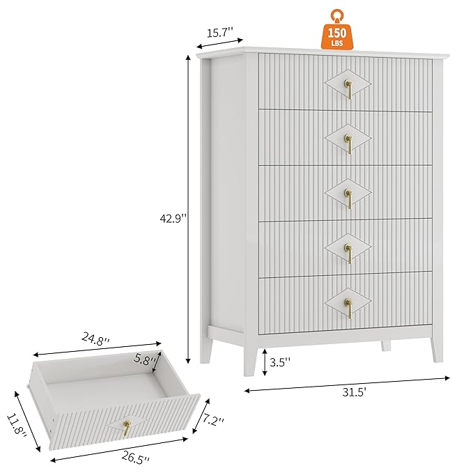 GarveeHome Fluted Dresser for Bedroom, 42.9" Tall 5-Drawer Wood Dresser, Modern Chest of Drawers, Storage Organizer Cabinet for Living Room, Hallway, Entryway, White