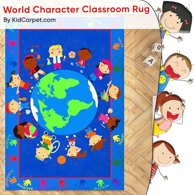 KIDCARPET.COM World Character Rectangle Classroom Rug | Bordered Area Rug for Preschool Daycare Learning, 7'6" x 12'
