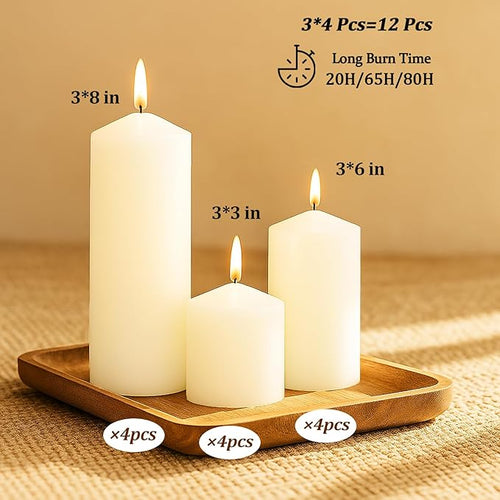 12 Pack White Pillar Candles Bulk Set, 3x3 3x6 3x8 Inch - 4 Each Size, Dripless Smokeless Clean Burning for Wedding Centerpieces, Home Decor, Church, Romantic Ambiance！