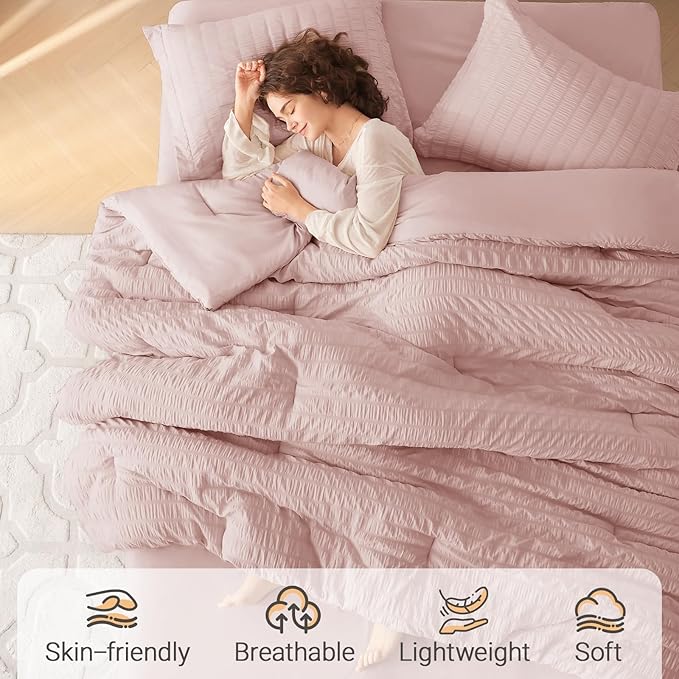 MUXHOMO 5 Pieces Twin Comforter Set, Seersucker Bed in a Bag Twin Size, All Season Luxury Bedding Set with Comforter, Flat Sheet, Fitted Sheet, Pillowcase & Sham, Rose Gold