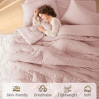 MUXHOMO 7 Pieces Full Comforter Set, Seersucker Bed in a Bag Full Size, All Season Luxury Bedding Set with Comforter, Flat Sheet, Fitted Sheet, Pillowcases & Shams, Rose Gold