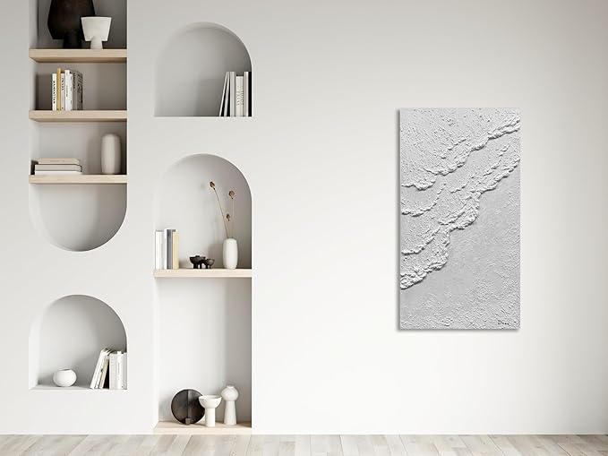 MyArton Abstract White Beach Waves Wall Art, Textured White Wall Art, Modern Canvas Handmade Oil Painting, 3D Thick Texture Wall Artwork for Home Decoration Framed Ready to hang Vertical 24x48inch