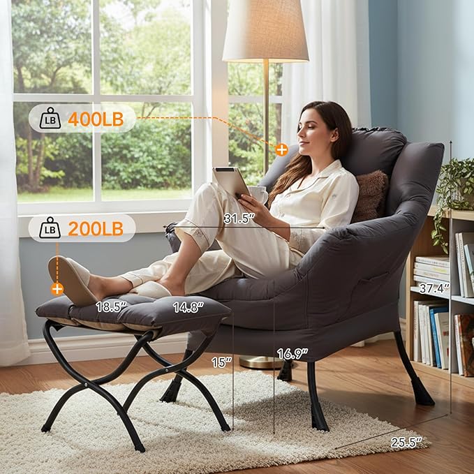 Lazy Chair with Ottoman, Large Lounge Accent Chair with Ottoman and a Throw Pillow, Shadow Grey Reading Chair for Living Room Bedroom Dorm Room Office Apartment Relaxing Use