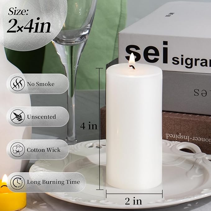 KONNI White Pillar Candles Set of 10, 2"x 4" Unscented Pillar Candles Bulk, 20 Hours Long Burning Candles, Smokeless&Dripless Large Round Candle for Wedding, Home Decoration, Parties, Spas, Dinner
