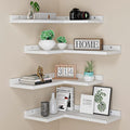 4 Tier Floating Corner Shelves White Set of 4, Rustic Pine Wooden Floating Corner Wall Shelf for Wall Décor Storage, L Shaped Corner Shelf Wall Mount for Bedroom, Living Room, Bathroom, Kitchen
