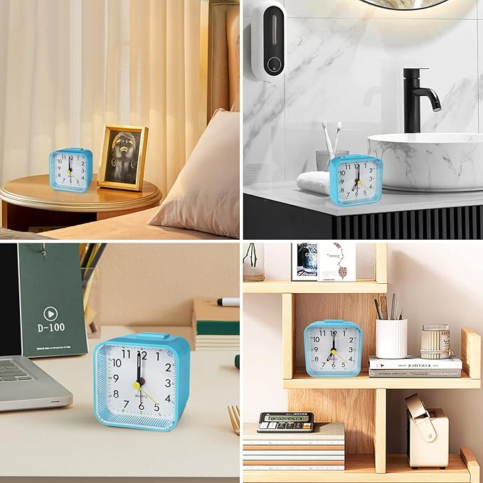 Small Battery Operated Analog Alarm Clock for Bathroom, Travel Clock, Quieter Bedrooms Desk Bedside Clocks for Kids Teen, Blue