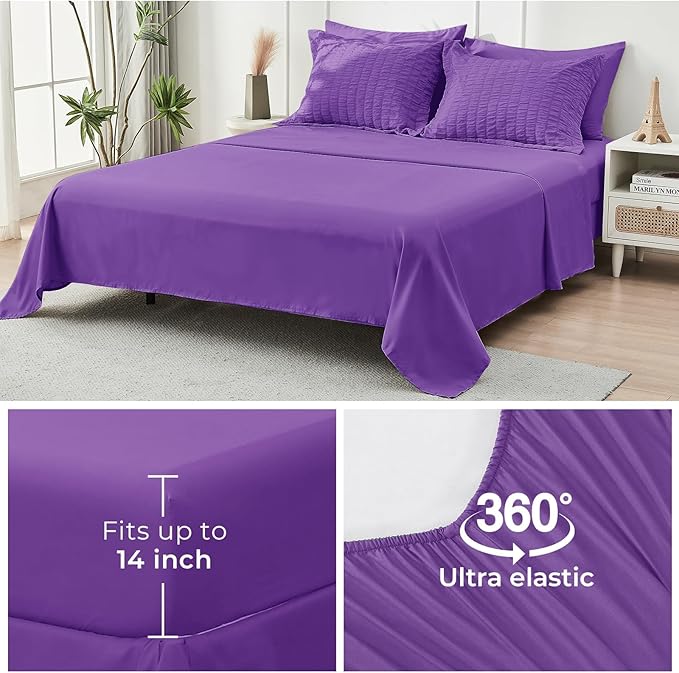 HYMOKEGE Dark Purple California King Comforter Set Seersucker 7 Pieces, All Season Luxury Bed in a Bag for Bedroom, Bedding Set with Comforter, Sheets, Pillowcases & Shams