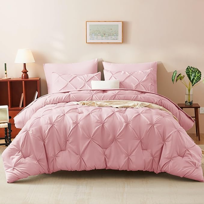 CozyLux Queen Comforter Set Pink, 7 Pieces Pintuck Bed in A Bag, Premium Pink Comforter Queen Size, Pinch Pleat Bedding Sets with Comforter, Sheets, Pillowcases & Shams