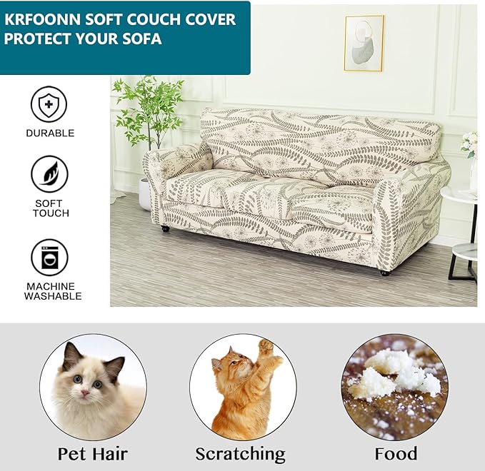 KRFOONN 4 Piece Printed Sofa Couch Cover for 3 Cushion Couches Stretch Sofa Slipcovers with 3 Separate Seat Cushion Covers Washable Furniture Protector with Elastic Bottom (Sofa, 54)