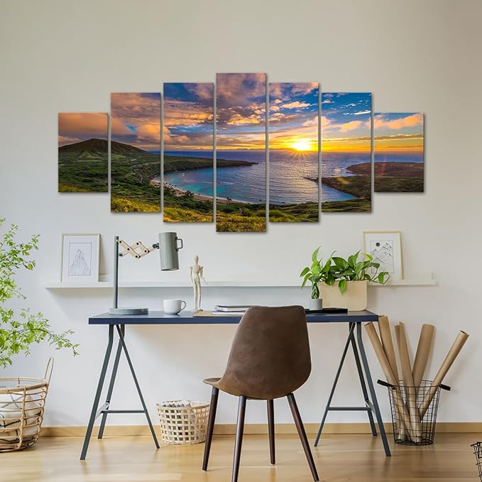 iKNOW FOTO XLarge Canvas Set of 7 Wall Art Wall Decorations Sunrise from Hanauma Bay On Oahu, Hawaii Landscape Printed Paintings for Living Room Framed Ready to Hang 70x32 Inches
