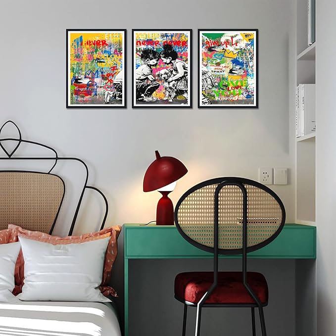 Novatique Colorful Graffiti Wall Art Banksy Canvas Wall Art Street Teenager Graffiti Poster Canvas Print for Living Room Bedroom,12" x 16" x 3Pcs