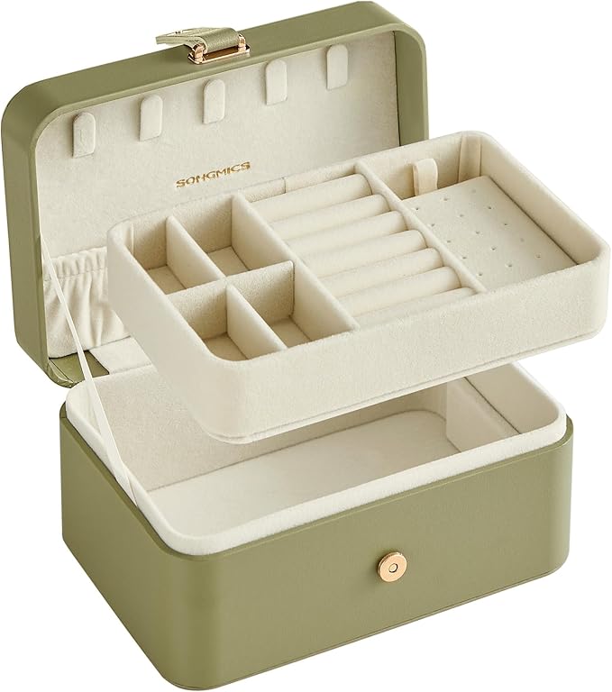 SONGMICS Jewelry Organizer Box, Travel Jewelry Case, 2-Layer Travel Case for Earrings, Necklaces, Bracelets - Portable Jewelry Storage with Large Capacity, Gift Idea, Laurel Green UJBC166C02
