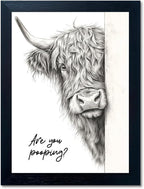 Funny Highland Cow Bathroom Wall Art - Rustic Farmhouse Wall Decor with Humorous Are You Pooping Canvas Print, Cute Animal Canvas Art for Restroom - Black Framed Cow Pictures Wall Decor Ready to Hang 16"x20"