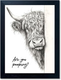 Funny Highland Cow Bathroom Wall Art - Rustic Farmhouse Wall Decor with Humorous Are You Pooping Canvas Print, Cute Animal Canvas Art for Restroom - Black Framed Cow Pictures Wall Decor Ready to Hang 11"x14"