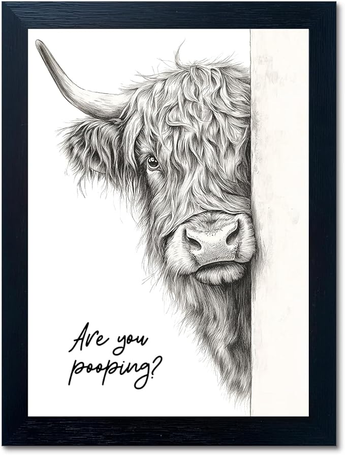 Funny Highland Cow Bathroom Wall Art - Rustic Farmhouse Wall Decor with Humorous Are You Pooping Canvas Print, Cute Animal Canvas Art for Restroom - Black Framed Cow Pictures Wall Decor Ready to Hang 12"x16"