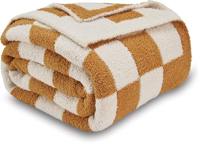 CozeCube Super Soft Fullfy Microfiber Reversible Knitted Blankets, Warm Cozy Fuzzy Plush Throw, Orange and White Checkered Throw Blanket for Couch Bed Sofa, 60" x 80"