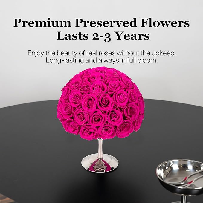 JoyFlower Preserved Flowers Vase Decor, Eternal Flower Stainless Steel Vases for Table Centerpieces, Fuchsia Forever Flower Vases Decorations for Home Party Wedding Bedroom Living Room House Decors