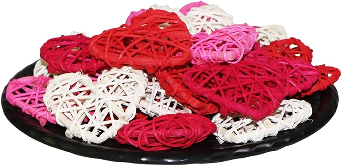 STMK Natural Rattan Decorative Balls, 24 Pcs 2.36" Heart Shaped, for Valentine's Day Decor, DIY Vase Bowl Filler, Wedding Decoration (Red, Rose, Pink, White)