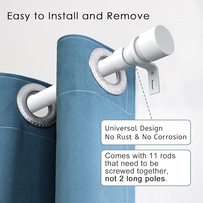 Curtain Rods for Windows 16 to 170 Inches Adjustable Length 1 Inch Diameter Window Curtain Rod with Aluminium End Cap, White
