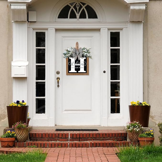 Ultra Large 14'' Last Name All Year Round Front Door Wreath with 26 Initial Letter Welcome Sign All Seasons Eucalyptus Garland and Bow Wreaths for Front Door Porch Farmhouse Decoration (H)