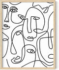 Abstract Face Pattern Wall Art Collage of Modern Faces Continuous Line Drawing 11x14 Inch Oak Wood Beige Framed Artistic Aesthetic Print for Living Room