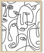 Abstract Face Pattern Wall Art Collage of Modern Faces Continuous Line Drawing 11x14 Inch Oak Wood Beige Framed Artistic Aesthetic Print for Living Room