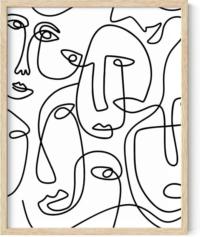 Abstract Face Pattern Wall Art Collage of Modern Faces Continuous Line Drawing 11x14 Inch Oak Wood Beige Framed Artistic Aesthetic Print for Living Room