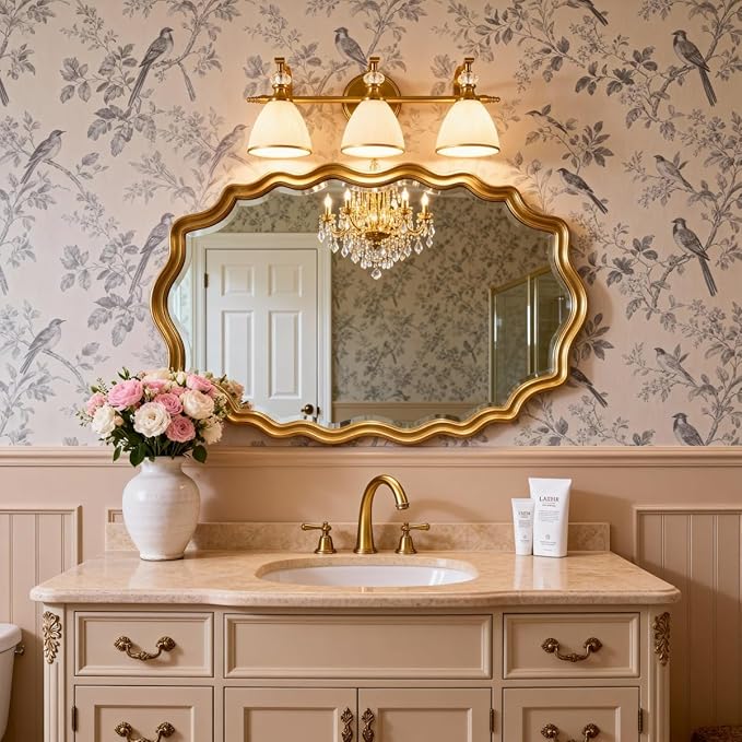 ANDY STAR Bathroom Light Fixture, 3-light Brass Vanity Light, Vintage Bathroom Lights Over Mirror with Crystal Beads, Wall Sconce Lighting with Frosted Milky Glass Shade, E26 Base (Bulbs Not Included)