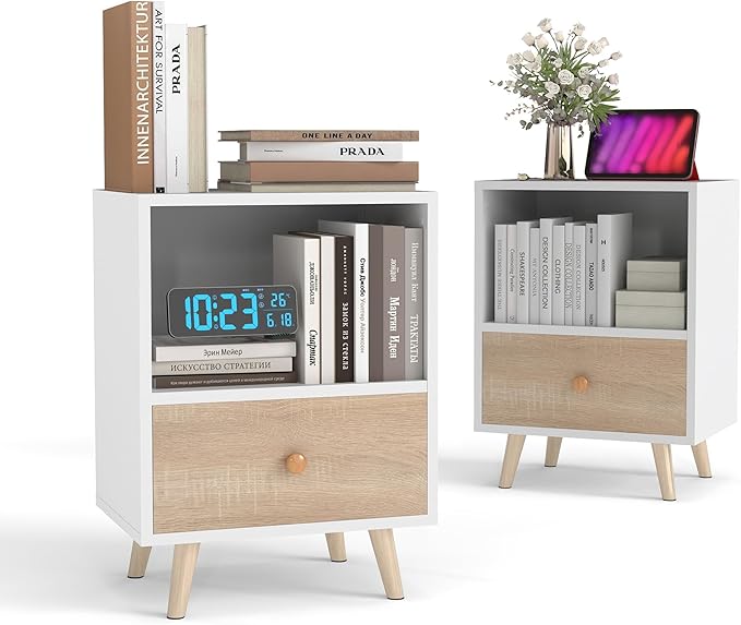 JAXPETY Nightstands Set of 2, Night Stand with Drawer and Open Storage Shelf, Bedside Tables with Solid Wood Legs, End Table, Side Table, for Bedroom(2-Pack, White)