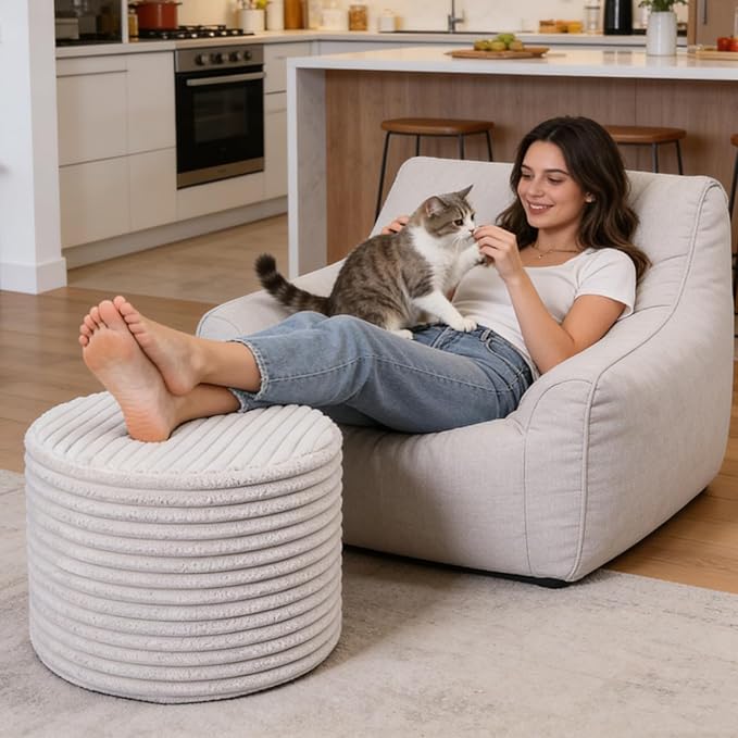 Round Stuffed Pouf Ottoman with Foam Chunk Filling, Coral Fleece and Furry Fabric Design, Multi-Functional Floor Pouf for Living Room, Wide Stripes White