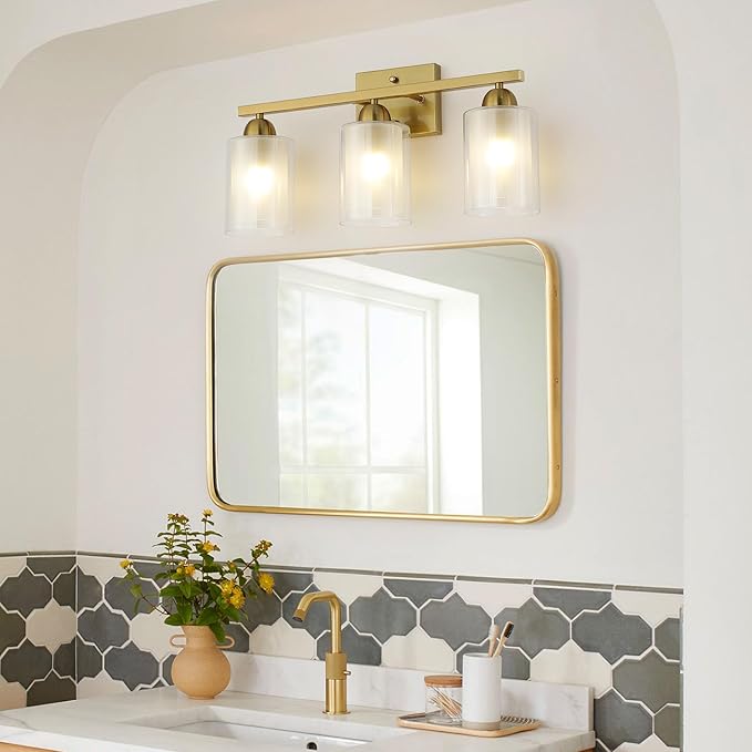 Stainless Steel Bathroom Vanity Light Over Mirror, 3 Light Brushed Gold Bathroom Light Fixtures with Milk Glass and Clear Glass Shades, Modern Vanity Lighting Wall Mount
