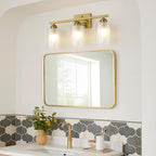 Stainless Steel Bathroom Vanity Light Over Mirror, 3 Light Brushed Gold Bathroom Light Fixtures with Milk Glass and Clear Glass Shades, Modern Vanity Lighting Wall Mount