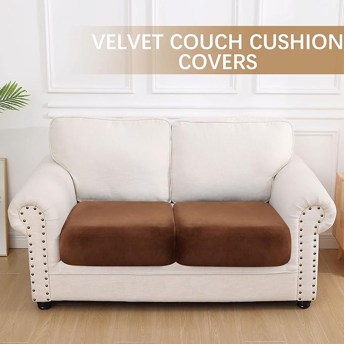 hyha Velvet Couch Cushion Covers, Soft Sofa Seat Covers for sectional 2 Cushion Couch Washable, Magic Sofa Slipcover with Elastic Bottom, Non-Slip Furniture Protector for Pets, Kid(2PC, Brown)