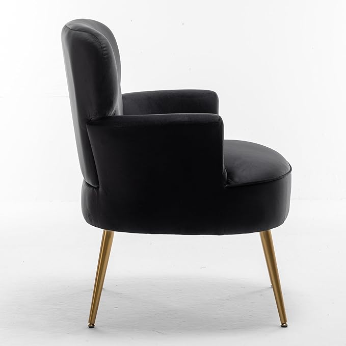 Trendy Velvet Accent Chair with Gold Metal Legs, Upholstered Armchair for Small to Mid-Size Spaces, Modern Living Room, Bedroom, Vanity Desk and Entryway, Black