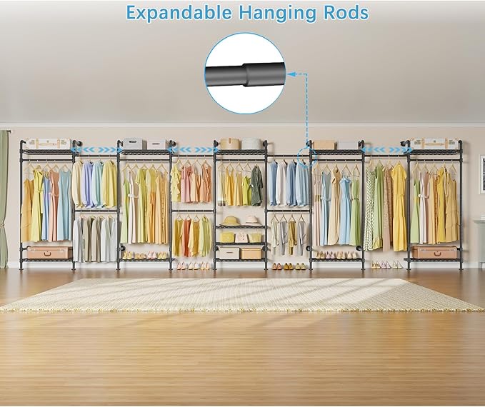 Timate U4 U Shape Garment Rack Heavy Duty Clothes Rack for Hanging Clothes, Expandable Industrial Pipe Clothing Rack Wall Mounted Closet Extra Large Closet Rack Walk in Closet System, Closet Kit Black