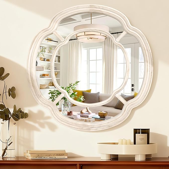 White Irregular Mirror, Wall Mounted Wavy Circle Mirror Wood Frame Round Hanging Decorative Mirros for Entryway Living Room Vanity and Bedroom, 20 Inch Home Decor