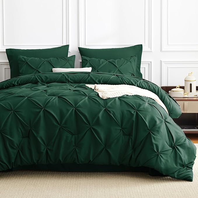 CozyLux King Size Comforter Set Emerald Green, 7 Pieces Pintuck Bed in A Bag Green Comforter King Size, Pinch Pleat Bedding Set with All Season Comforter, Sheets, Pillowcases & Shams